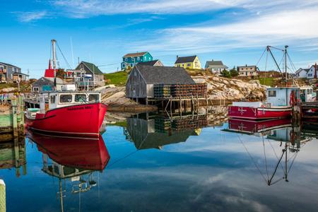 Peggy's Cove fising boats and huts, Nova Scotia