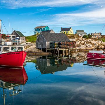 Peggy's Cove fising boats and huts, Nova Scotia, Canada