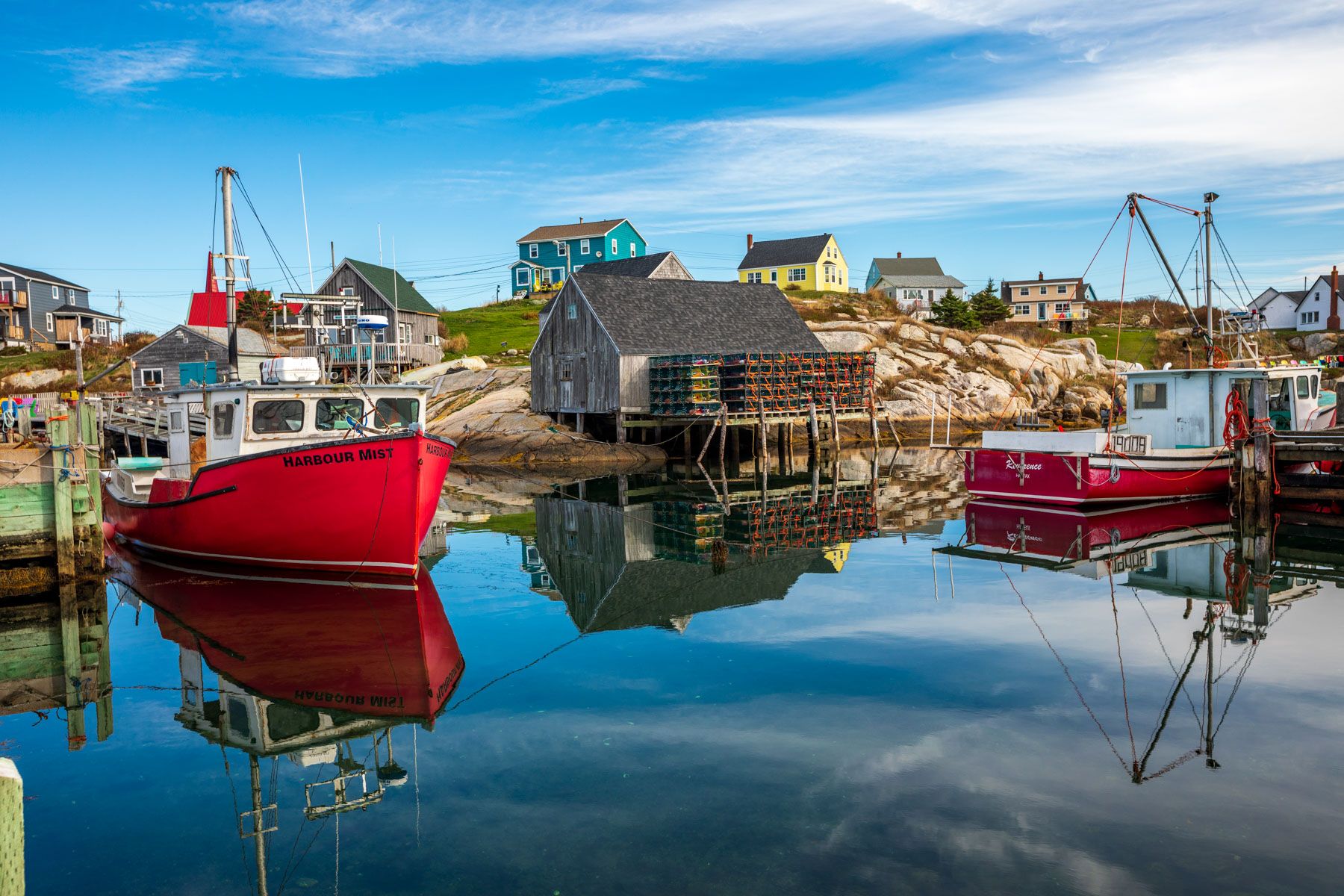 Peggy's Cove fising boats and huts, Nova Scotia, Canada