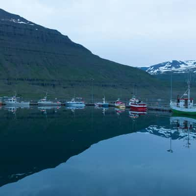 Seydisfjordur harbor at midnight, Iceland