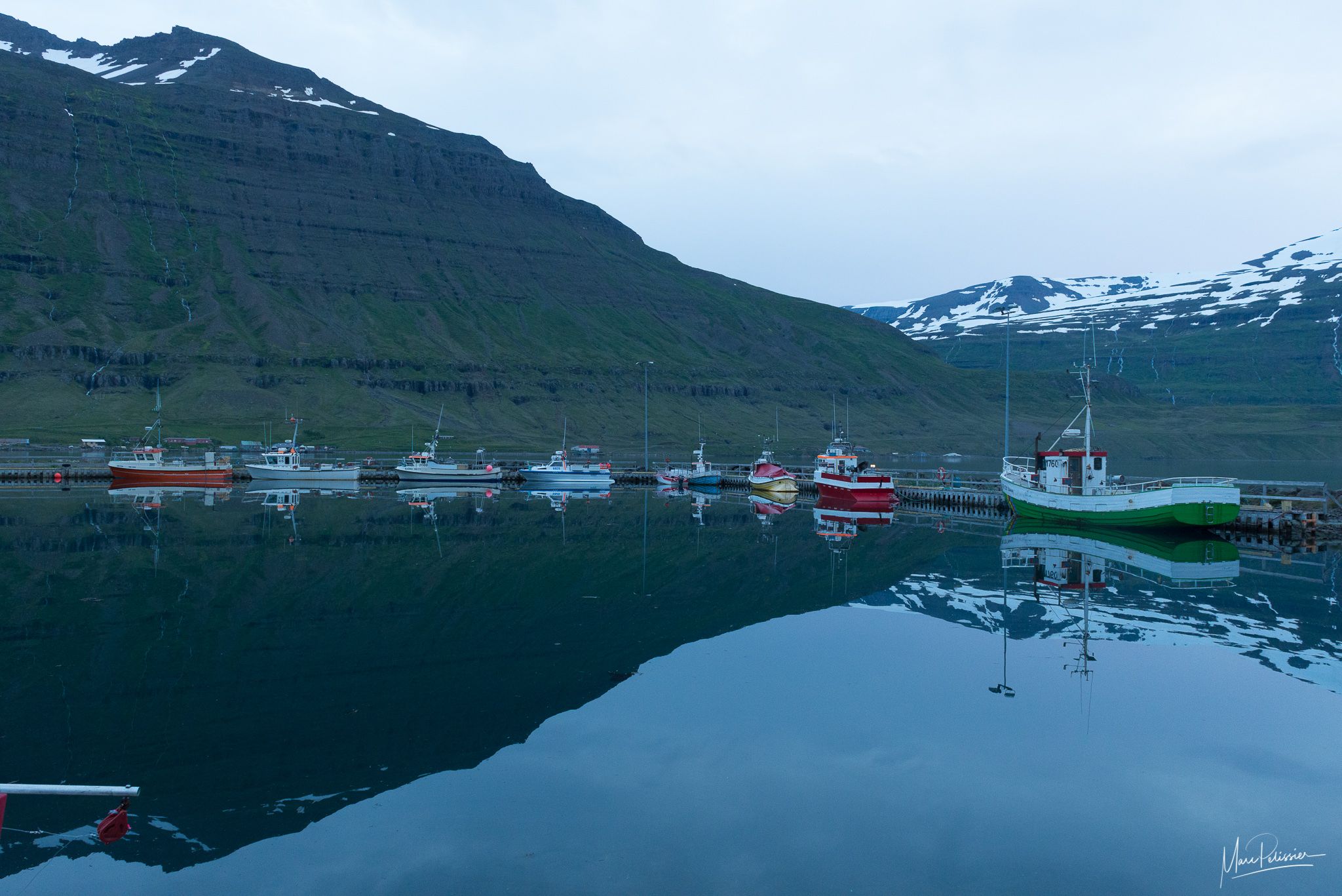 Seydisfjordur harbor at midnight, Iceland