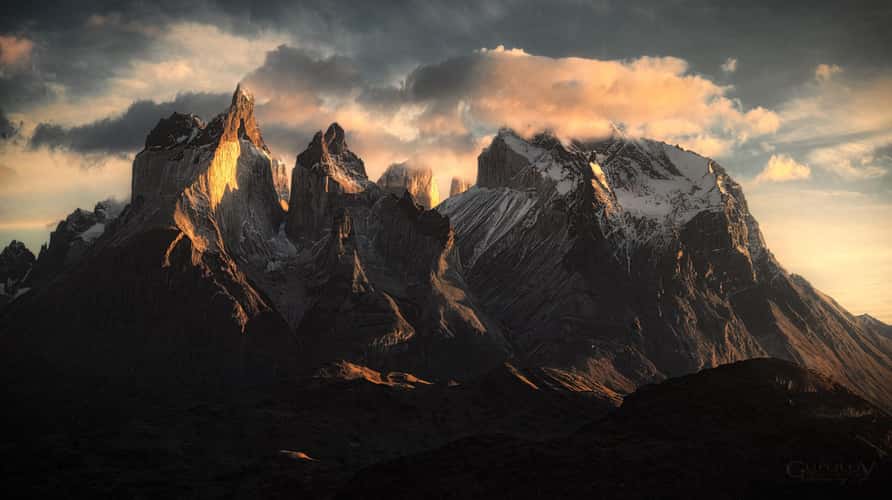 View of the Torres del Paine Mountains and Lake Pehoe