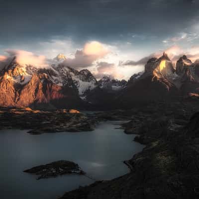 View of the Torres del Paine Mountains and Lake Pehoe, Chile