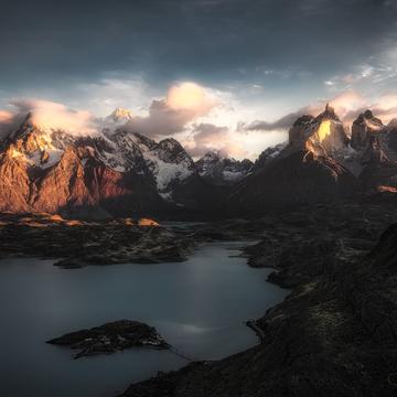 View of the Torres del Paine Mountains and Lake Pehoe, Chile