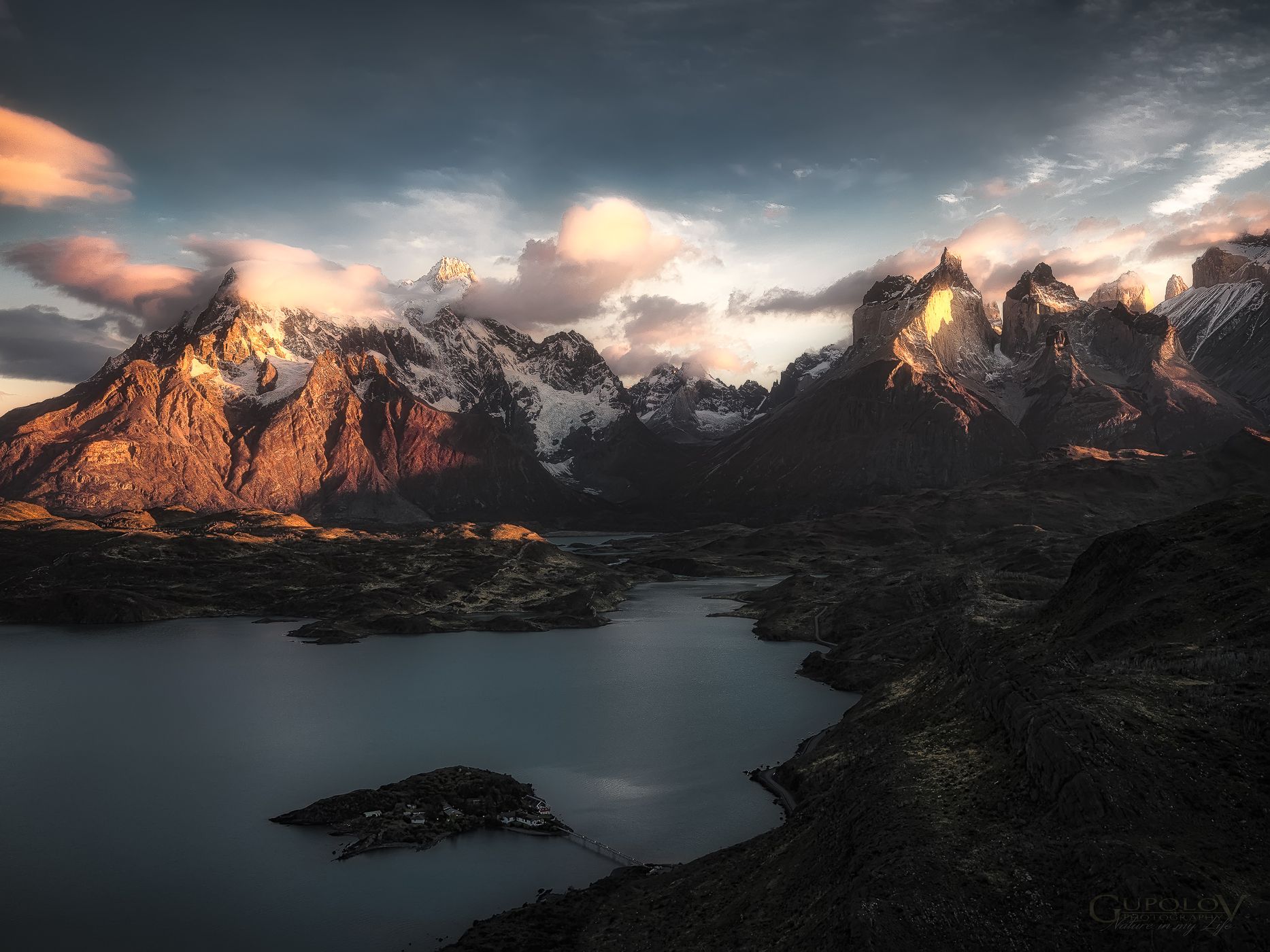 View of the Torres del Paine Mountains and Lake Pehoe, Chile