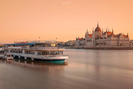 Budapest Cityscape with boat & Hungarian Parliament building