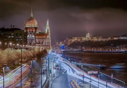 Budapest night cityscape with traffic
