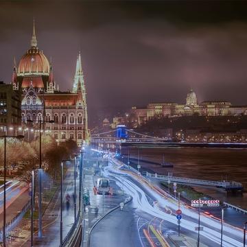 Budapest night cityscape with traffic, Hungary
