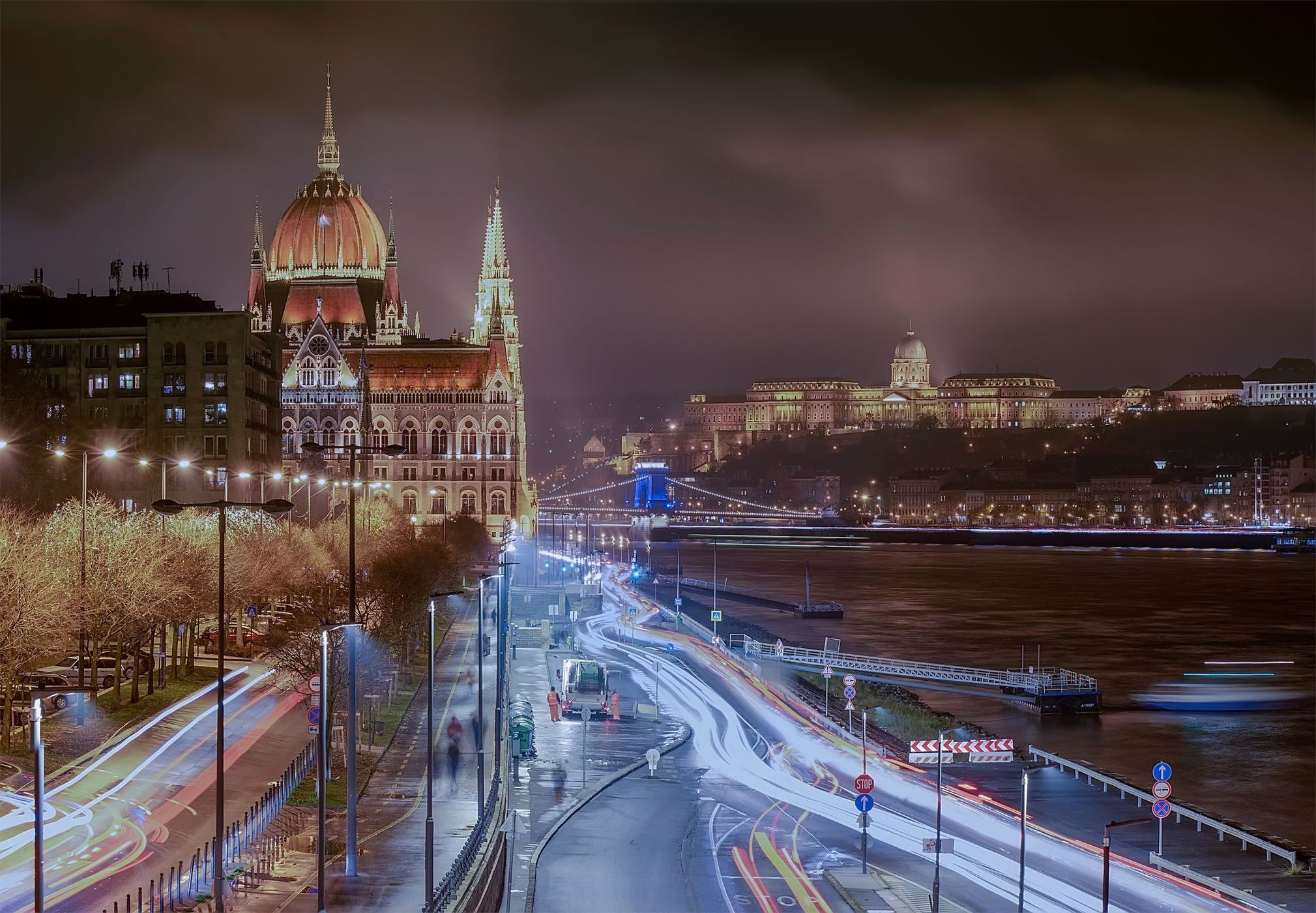 Budapest night cityscape with traffic, Hungary