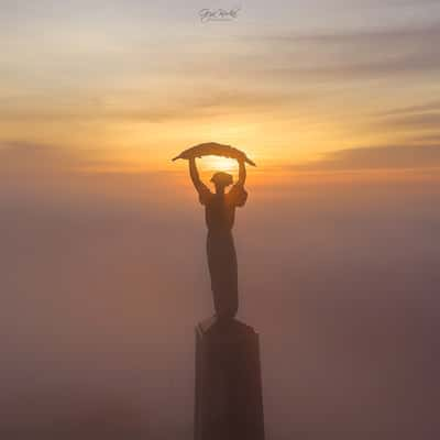 Foggy mornig in Budapest, Citadella, Liberty statue, Hungary