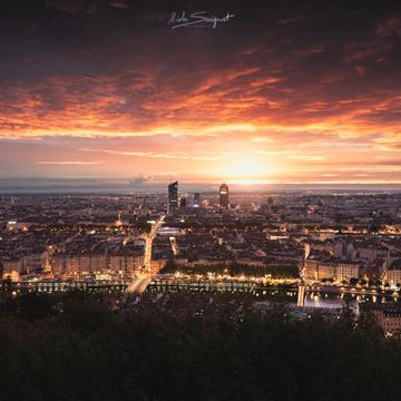 Panoramic view on Lyon's Presqu'ile from the Fourviere hill, France