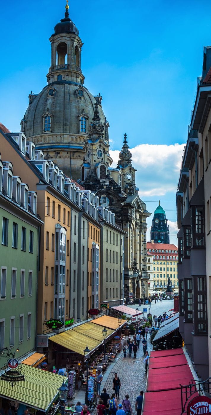 View into Münzgasse, Frauenkirche at day and night, Germany