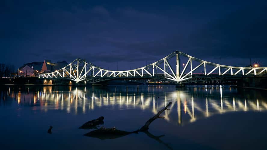 Illuminated railway bridge