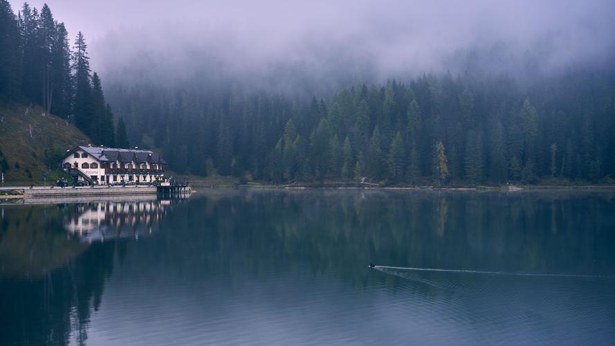 Misurina lake in morning mist
