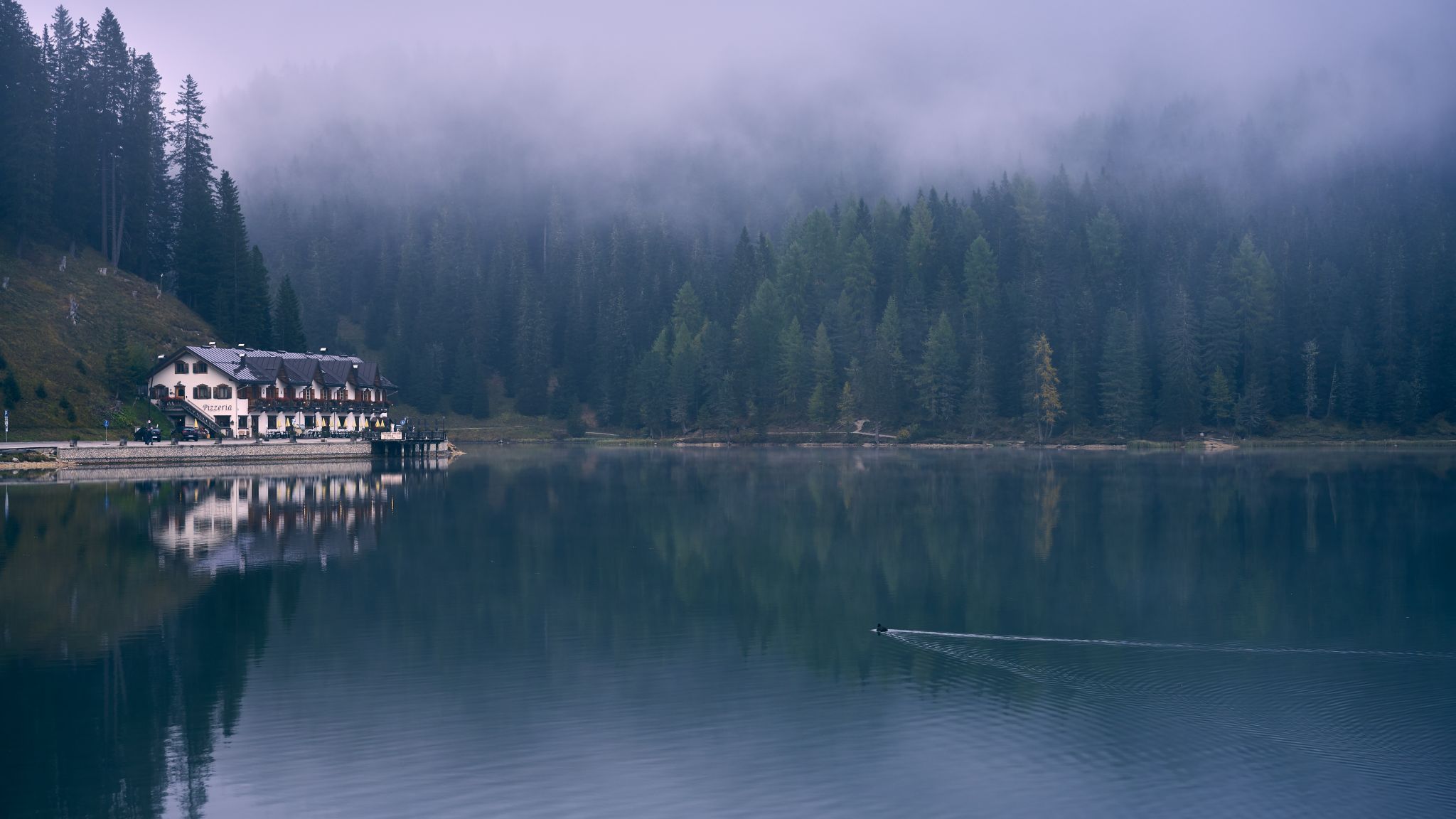 Misurina lake in morning mist, Italy