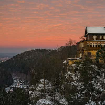 Mount Oybin with Oybin castle and monastery ruins, Germany