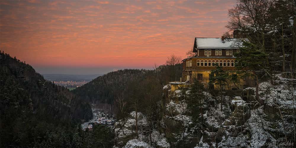 Mount Oybin with Oybin castle and monastery ruins
