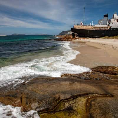 Whaling boat Cheynes IV along the beach, Frenchmans Bay, Australia