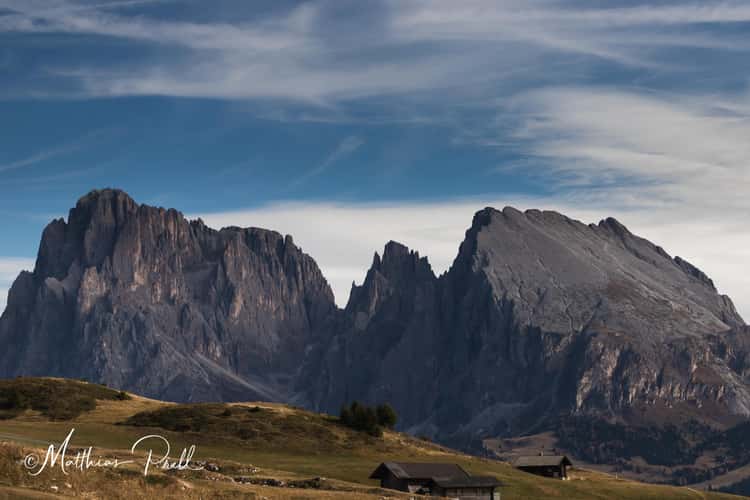 View of the Langkofel, the Fünffinger Peaks, and the Plattkofel