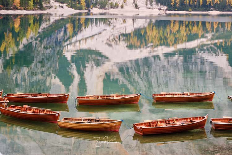 View from the Pier at Lago di Braies Prager Wildsee, Dolomites