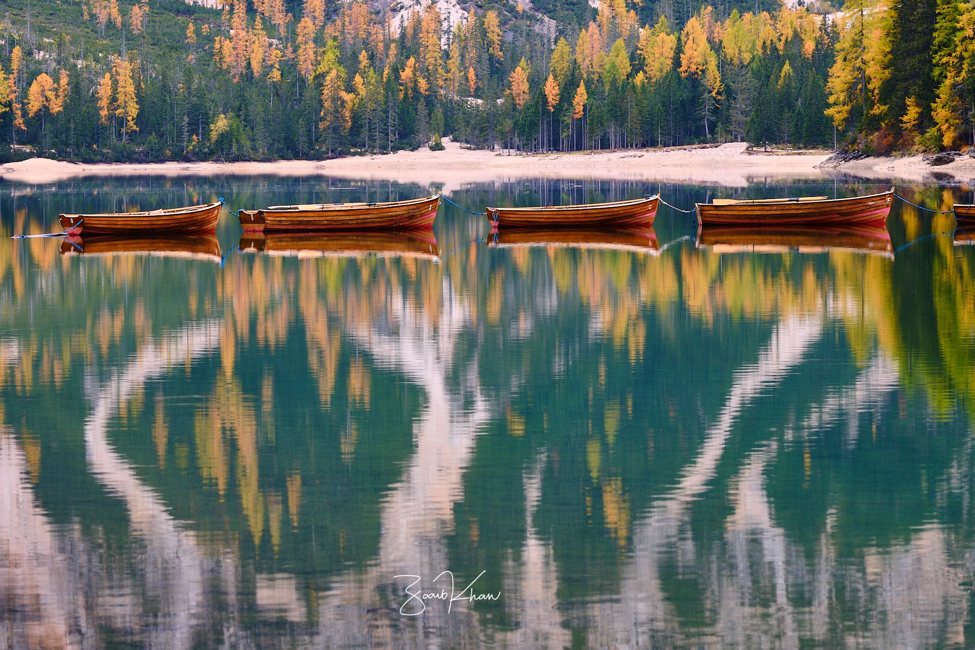 View from the Pier at Lago di Braies Prager Wildsee, Dolomites, Italy