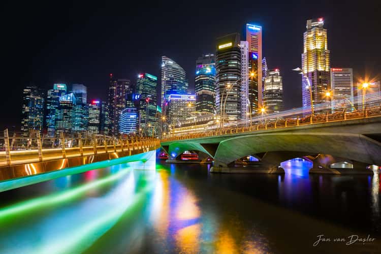 Singapore Skyline in between Jubilee and Esplanade Bridge