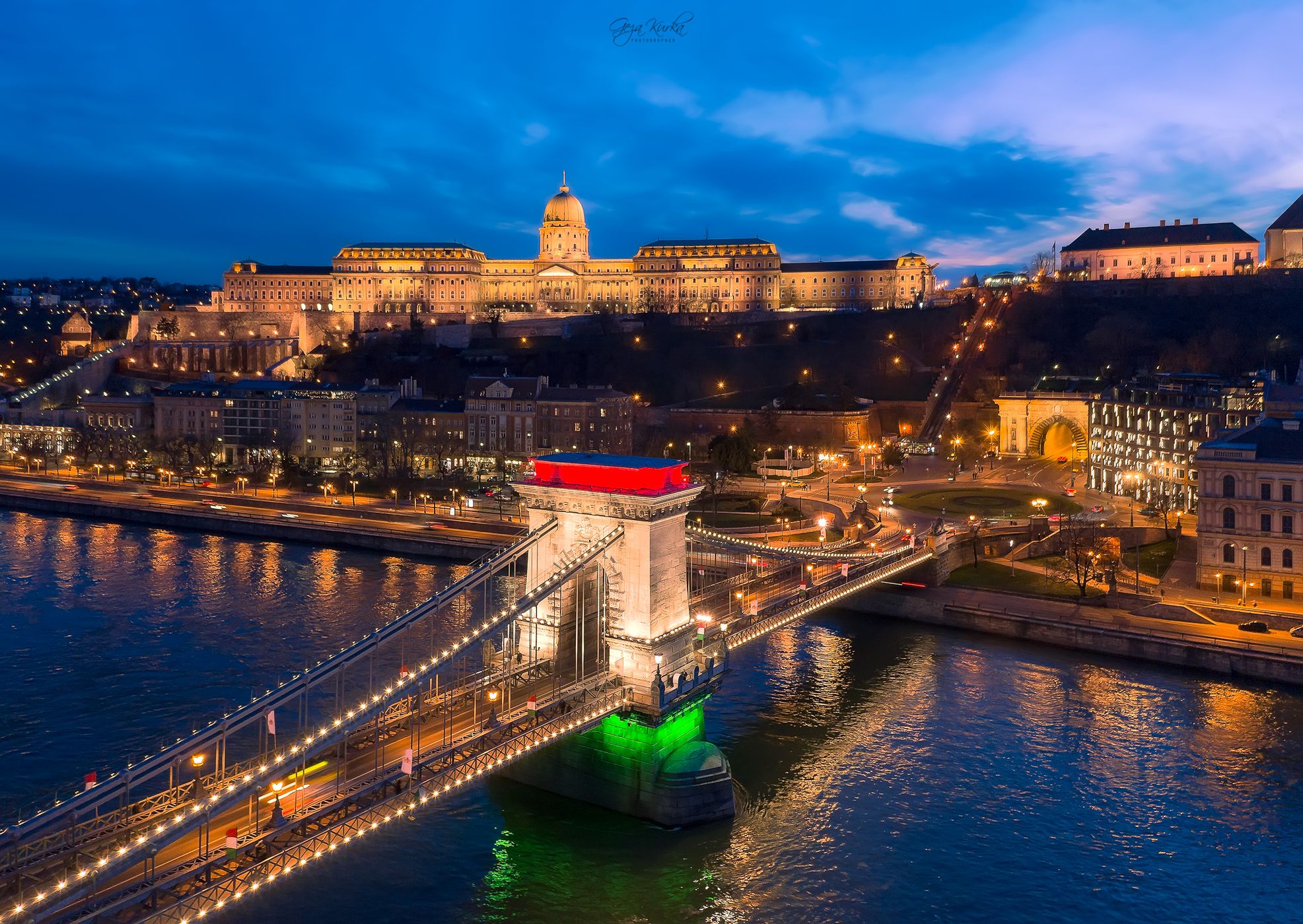 Decorated lights in Szechenyi Chain Bridge, Hungary