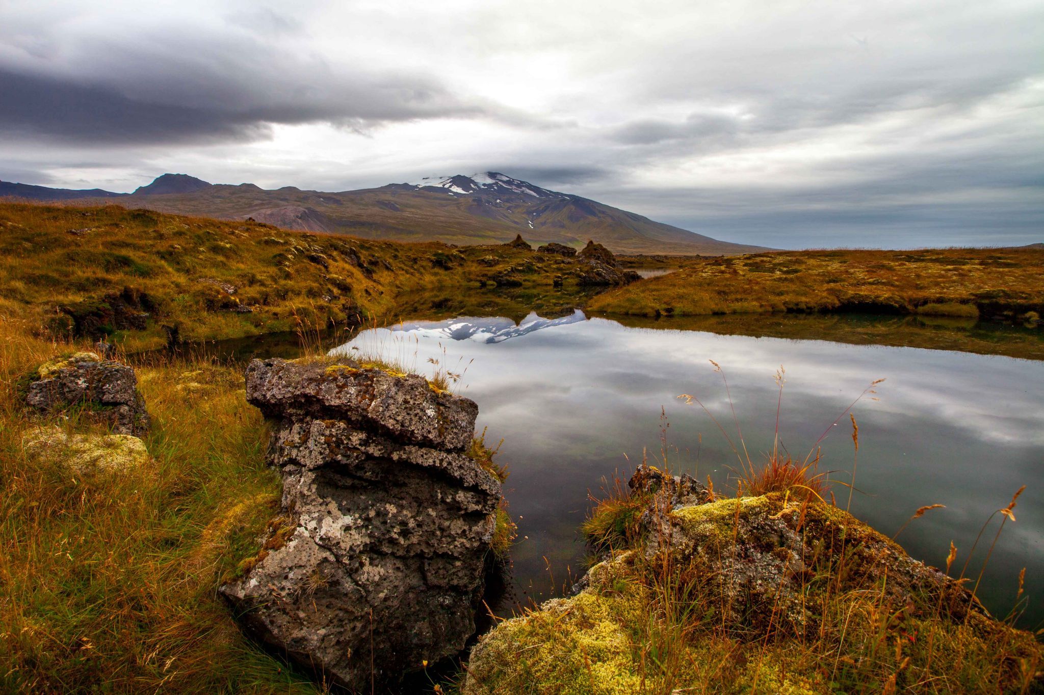 Lake near Dagverðará looking at Snaefelljokull Mountain, Iceland