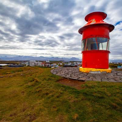 Lighthouse looking down on the town of Stykkishólmur, Iceland