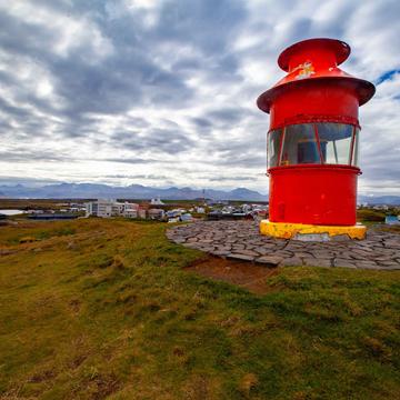 Lighthouse looking down on the town of Stykkishólmur, Iceland