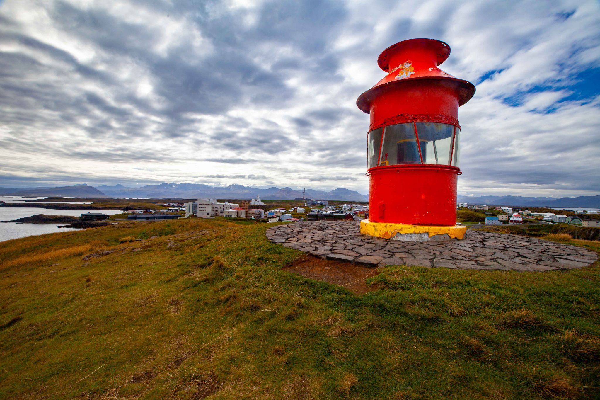 Lighthouse looking down on the town of Stykkishólmur, Iceland