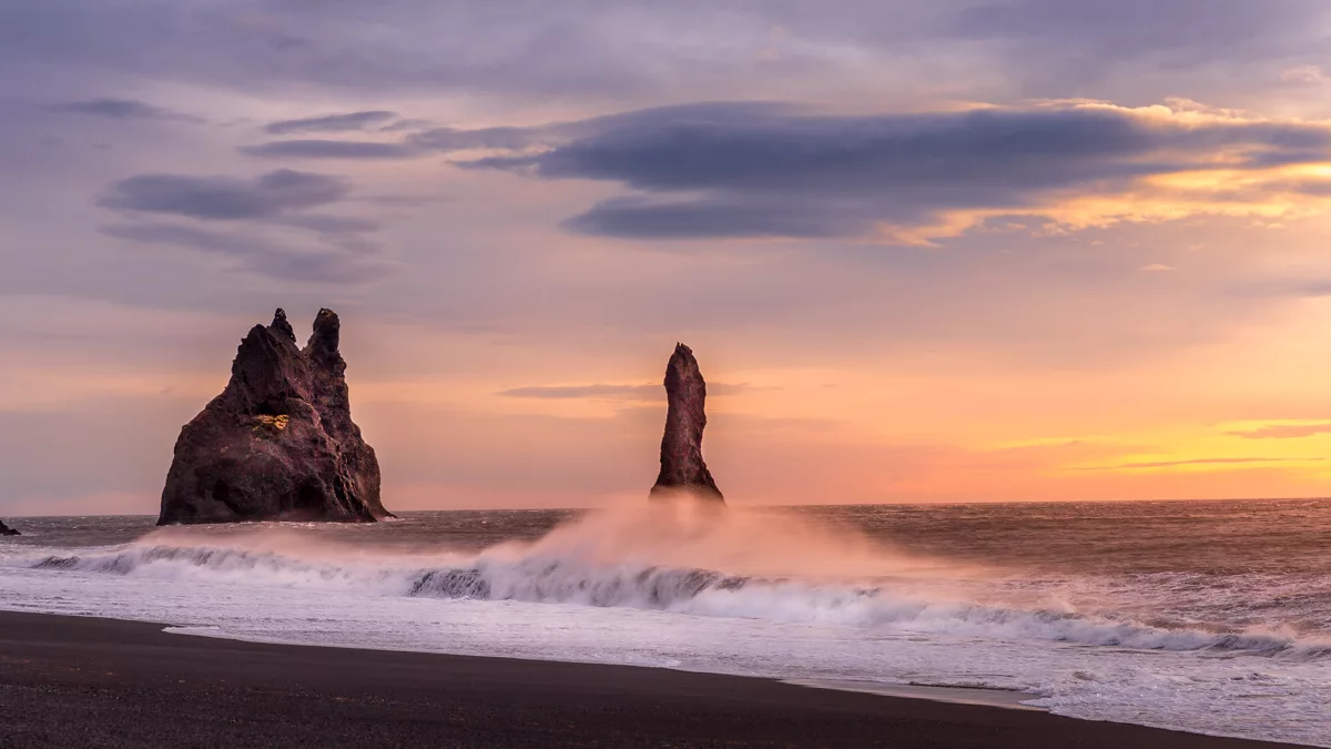 Reynisdrangar, the black basalt sea stacks near Vik, Iceland