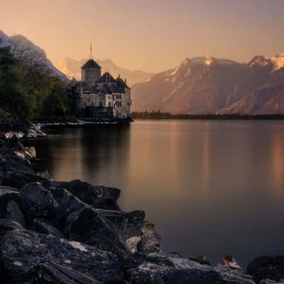 Chillon Castle (Château de Chillon) from nearby north bank, Switzerland