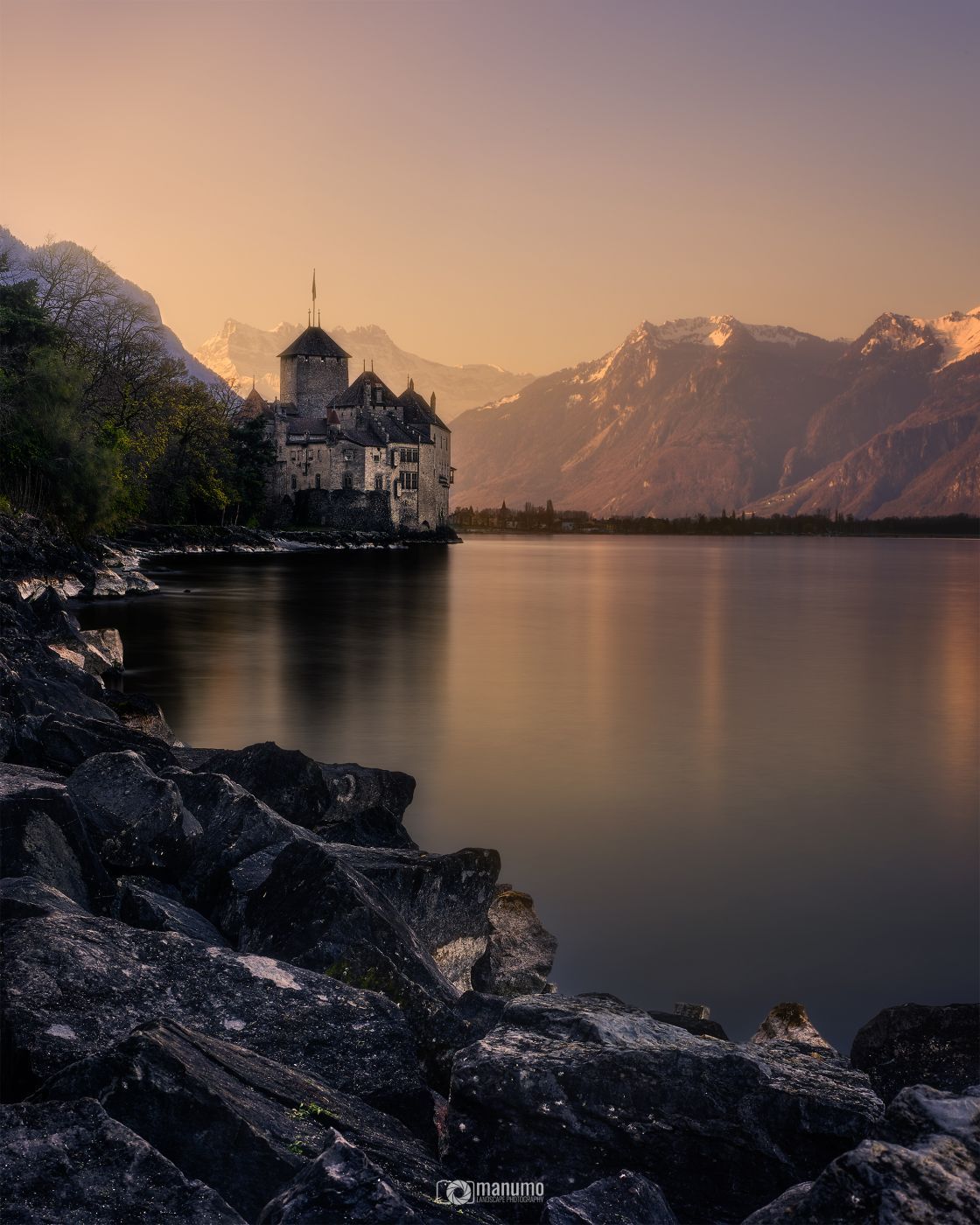 Chillon Castle (Château de Chillon) from nearby north bank, Switzerland