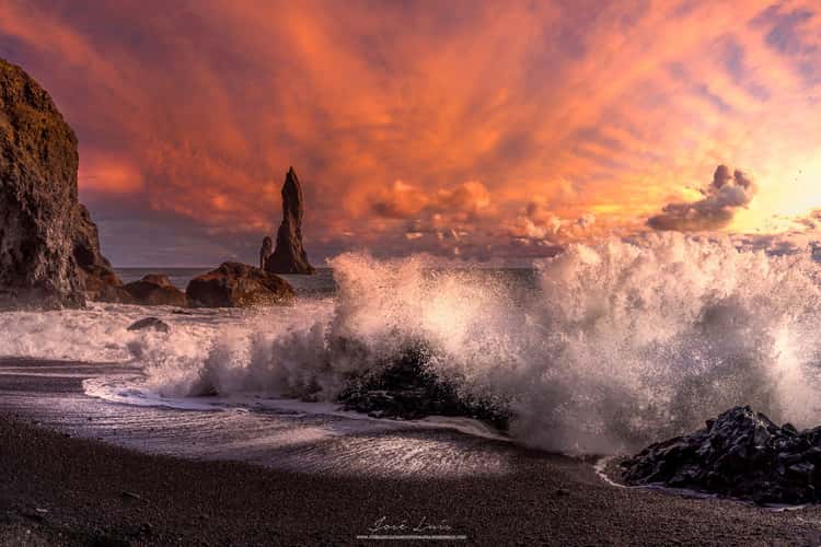 Dawn with stacks in background Reynisfjara Beach