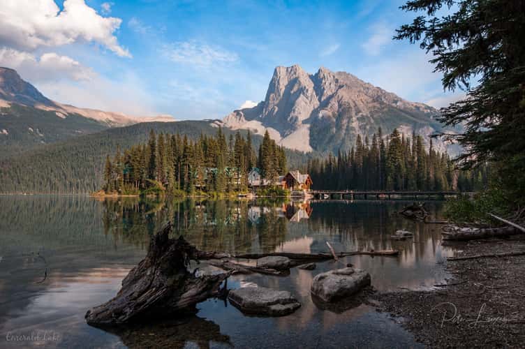 Emerald lake with lodge