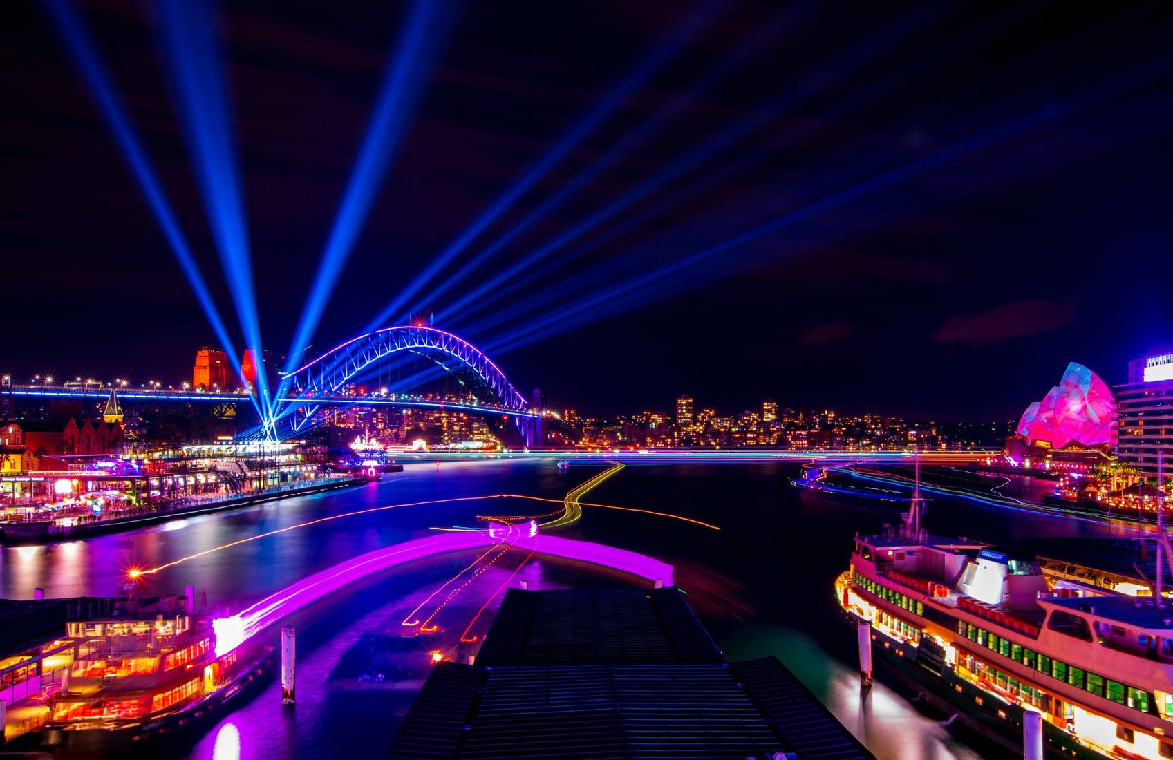 Ferry Light Trails & Sydney Harbour Bridge Vivid, Australia