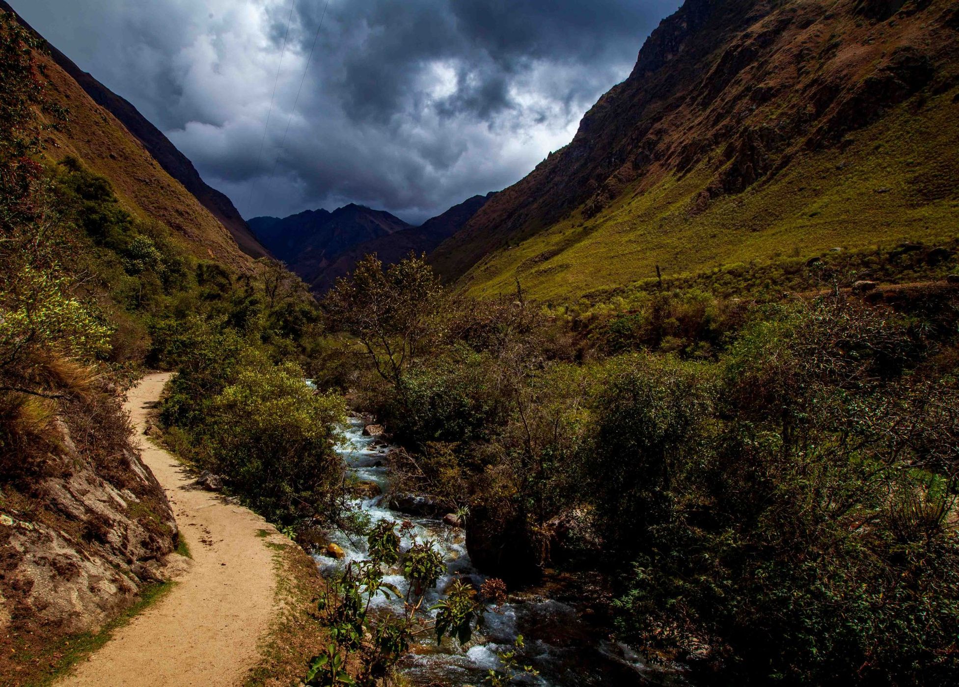 Inca Trail track and river Chillca, Peru