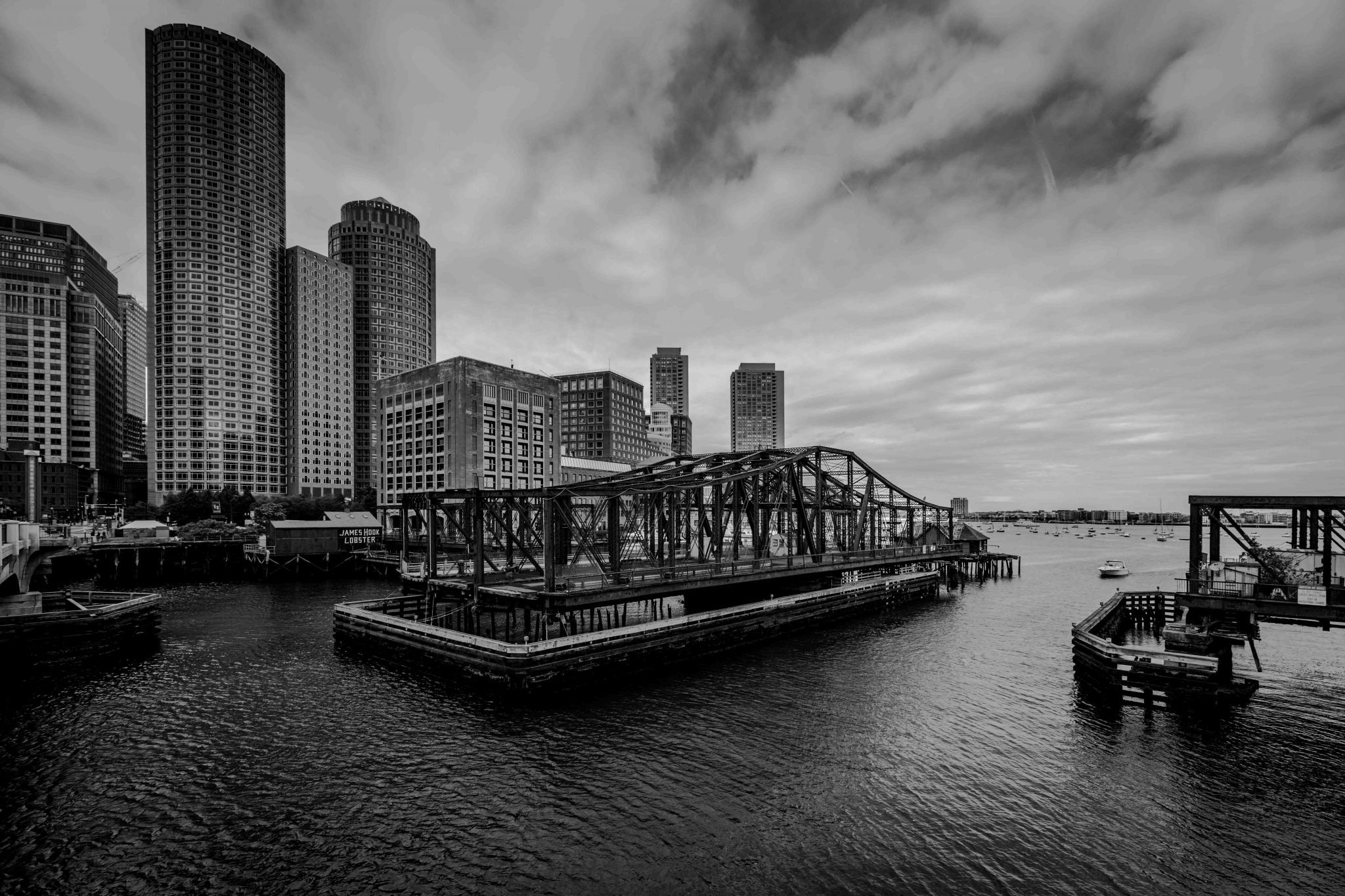 Old Northern Ave Bridge & skyline Boston, USA