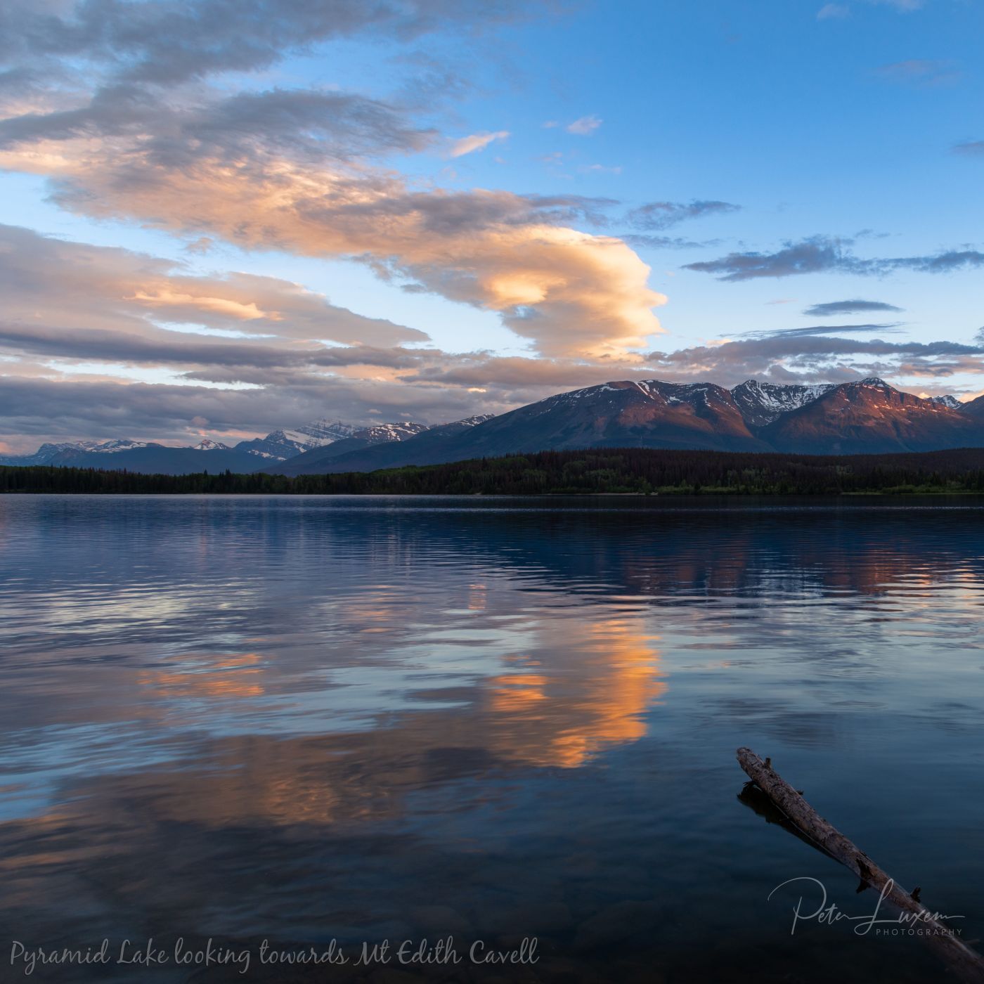 Pyramid lake with Mt Edith Cavell as distant background, Canada