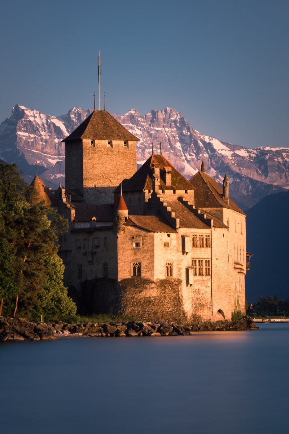 Chillon Castle (Château de Chillon) from nearby north bank, Switzerland
