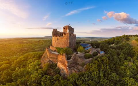 Castle ruins of Hollókő [drone]