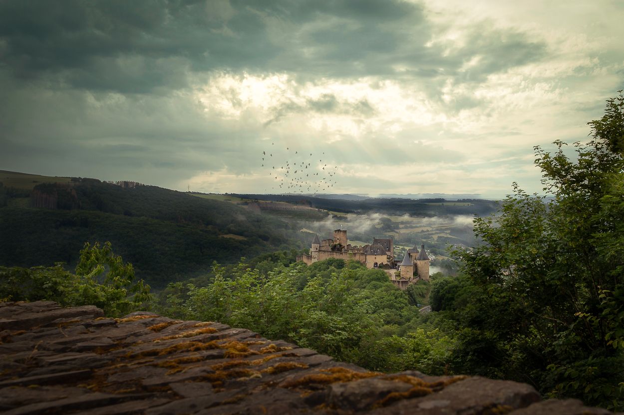 Chateau de Bourscheid view from Camping Panorama, Luxembourg