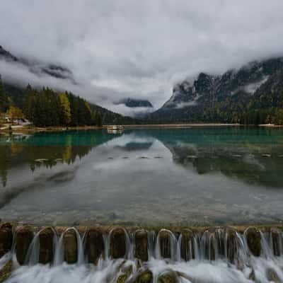 Lago di Dobbiaco foggy morning, Italy