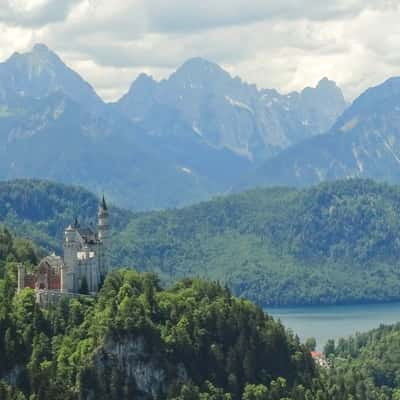 Tegelbergbahn with view on Neuschwanstein castle, Germany