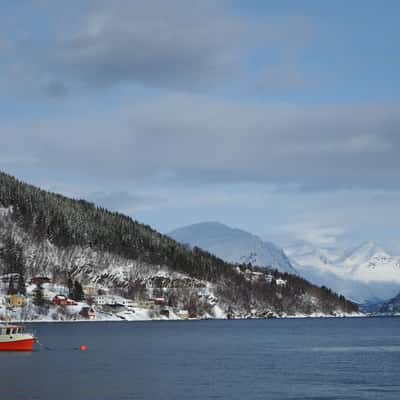 View over Lyngseidet harbour, Norway