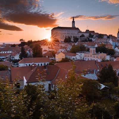 Sunset in the garden with the view of Mikulov castle., Czech Republic