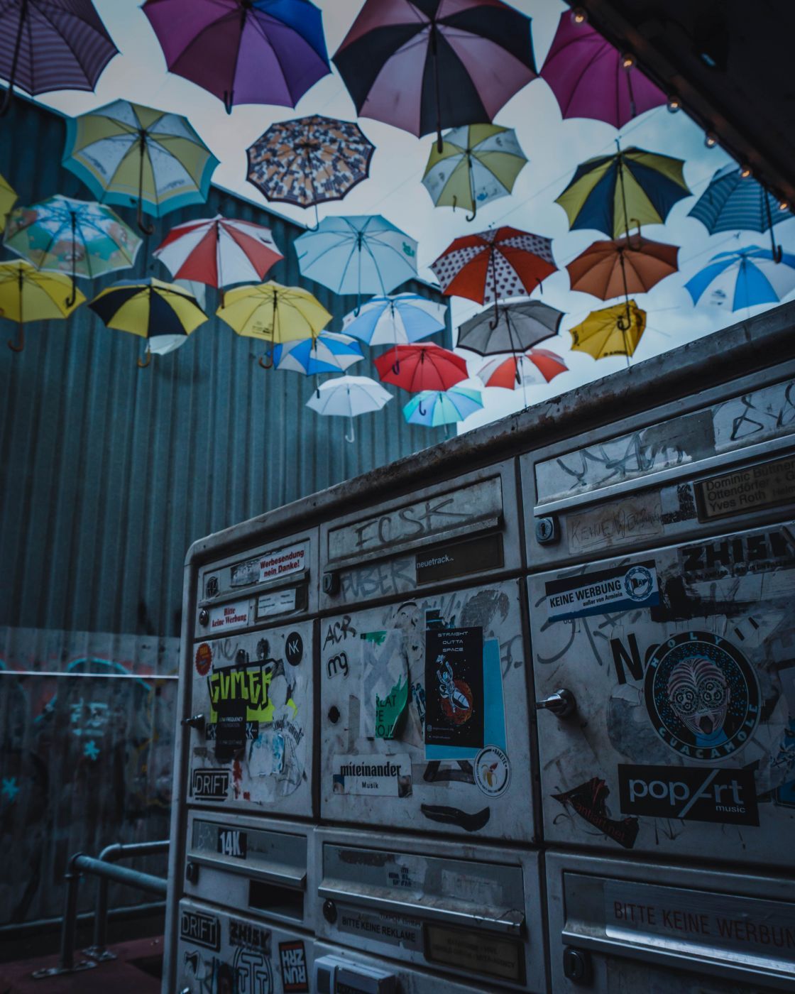 Umbrella artwork in urban part of Zurich., Switzerland