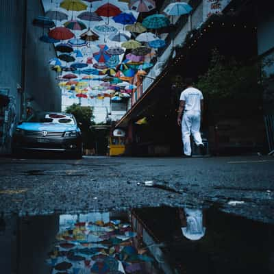 Umbrella artwork in urban part of Zurich., Switzerland