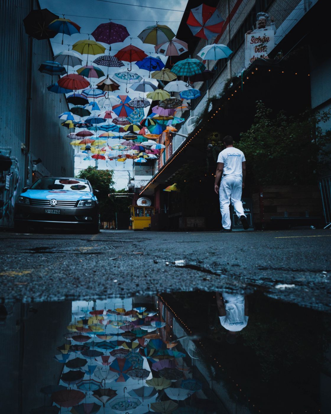 Umbrella artwork in urban part of Zurich., Switzerland